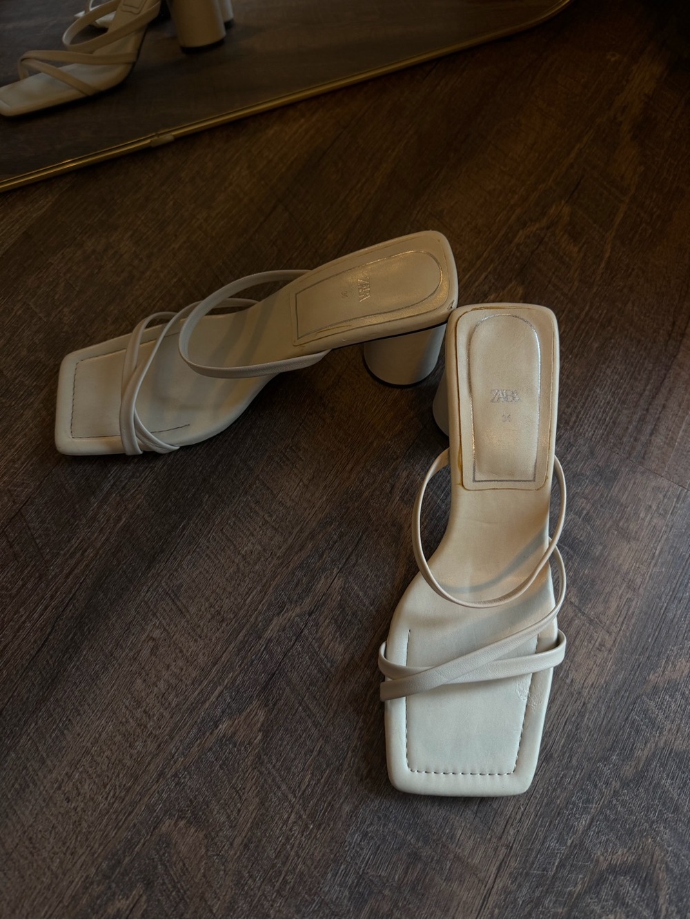 Zara Cream Strappy Square-Toe Block Heel Sandals